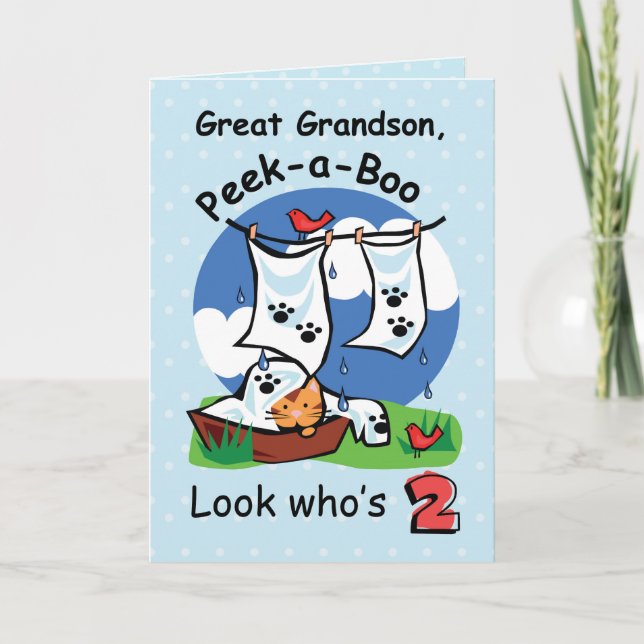 Carte Great Grandson, 2e anniversaire, Peek-a-Boo Kitten (Devant)