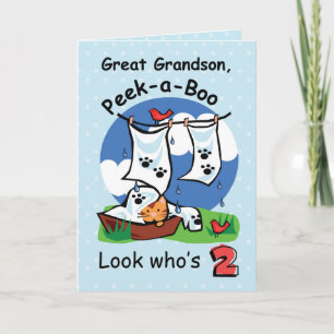 Carte Great Grandson, 2e anniversaire, Peek-a-Boo Kitten