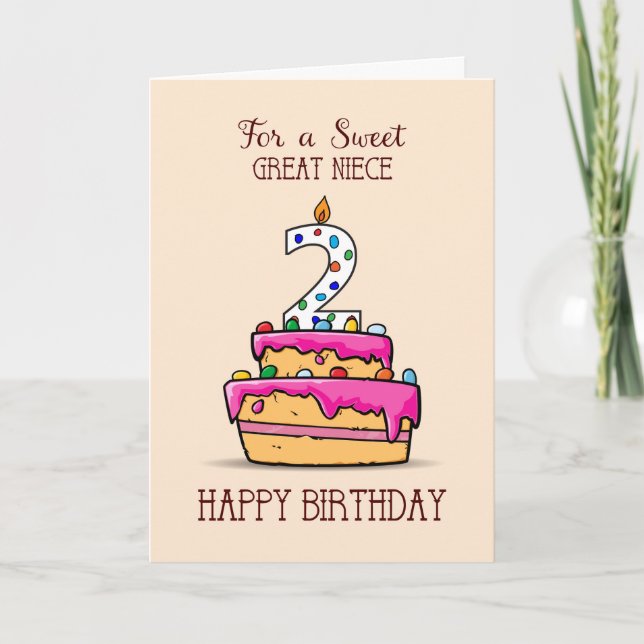 Carte Great Niece 2e anniversaire, 2 sur le gâteau rose  (Devant)