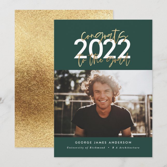 Carte green and gold modern script graduation (Devant / Derrière)
