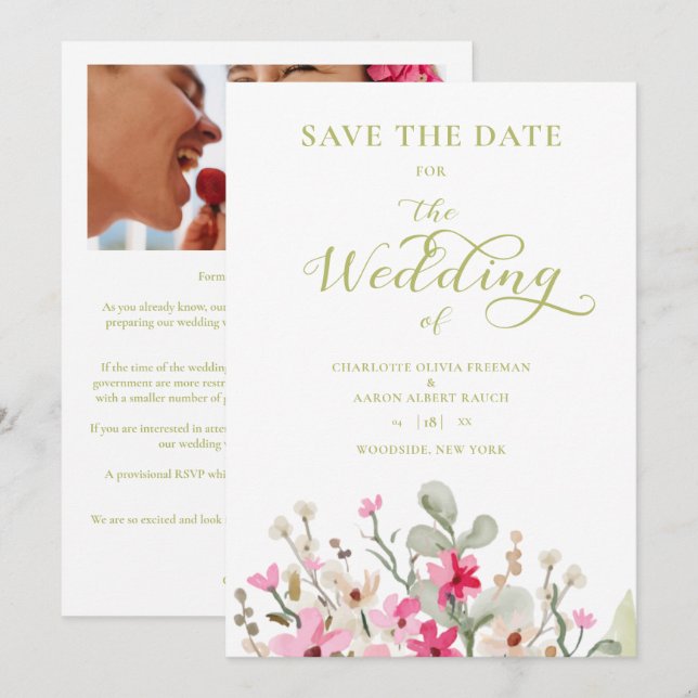 Carte Green Romantic Photo Couple Wedding Floral Wreath (Devant / Derrière)
