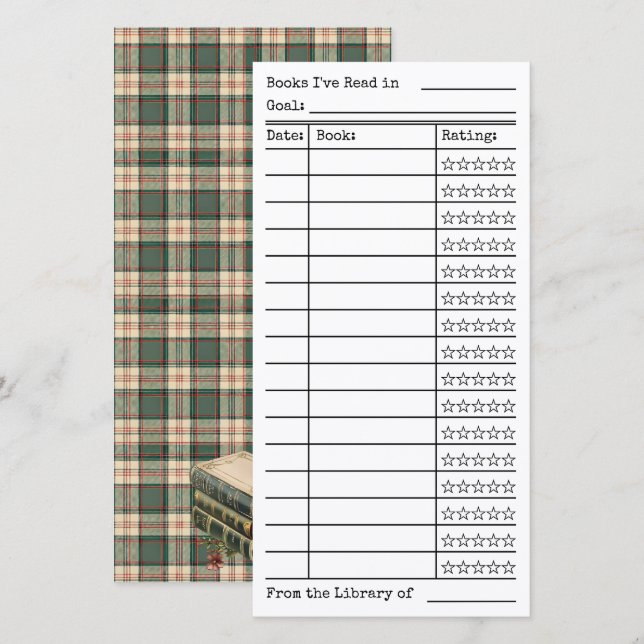 Carte Green Tartan-Plaid Reading List Tracker Flat Card (Devant / Derrière)