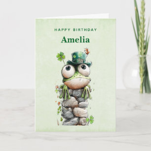 Carte Grenouille avec chapeau vert et trèfle anniversair