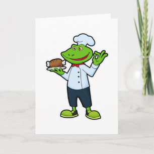 Carte Grenouille cuisinier avec plat de service et poule