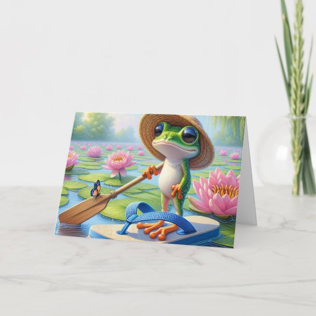 Carte Grenouille d'anniversaire flottant sur un tonneau (Devant)