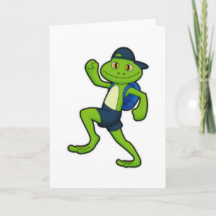 Carte Grenouille en course avec sac à dos et chapeau