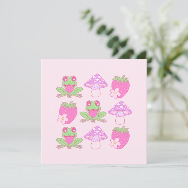 Carte Grenouille Kawaii, champignon et fraise (Debout devant)