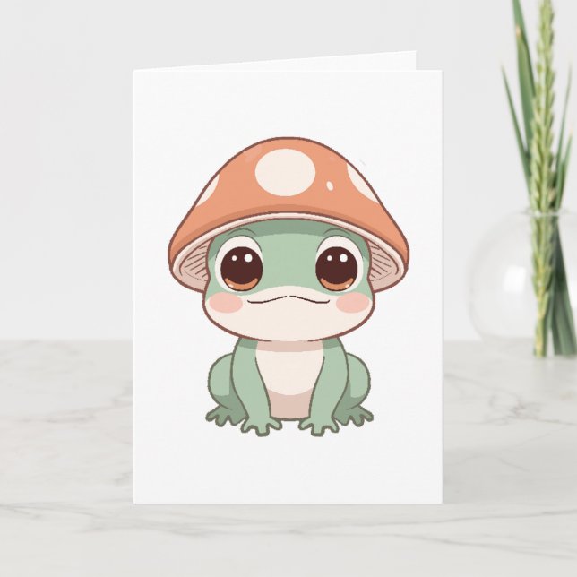 Carte Grenouille Kawaii - Cute Casquette de Champignons  (Devant)