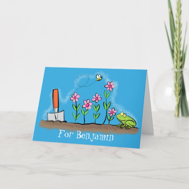 Carte Grenouille mignonne et abeille dans le jardin dess (Devant)