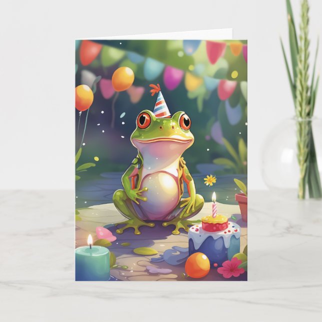 Carte Grenouille Souriante À L'Extérieur Avec Gâteau (Devant)