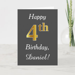 Carte Grey, Faux Gold 4th Birday + Nom personnalisé