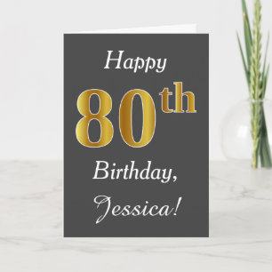 Carte Grey, Faux Gold 80e anniversaire + Nom personnalis