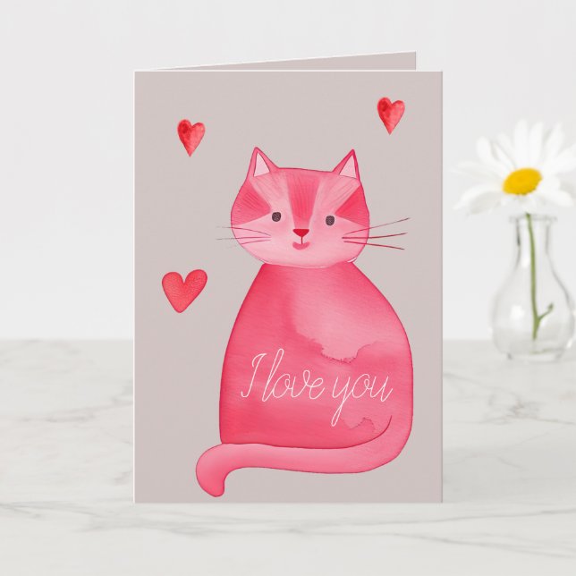 Carte Grey Rose Rouge Chat Coeurs Vous Aimez (Petite plante)
