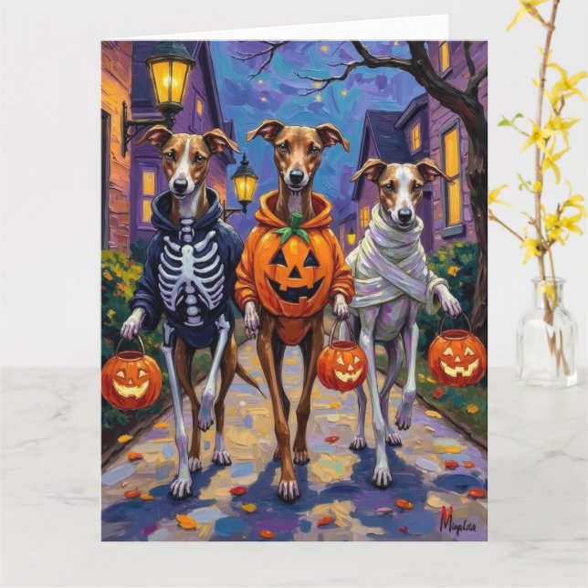 Carte Greyhound Trick-or-Treating en costumes d'Hallowee (Fleur jaune)