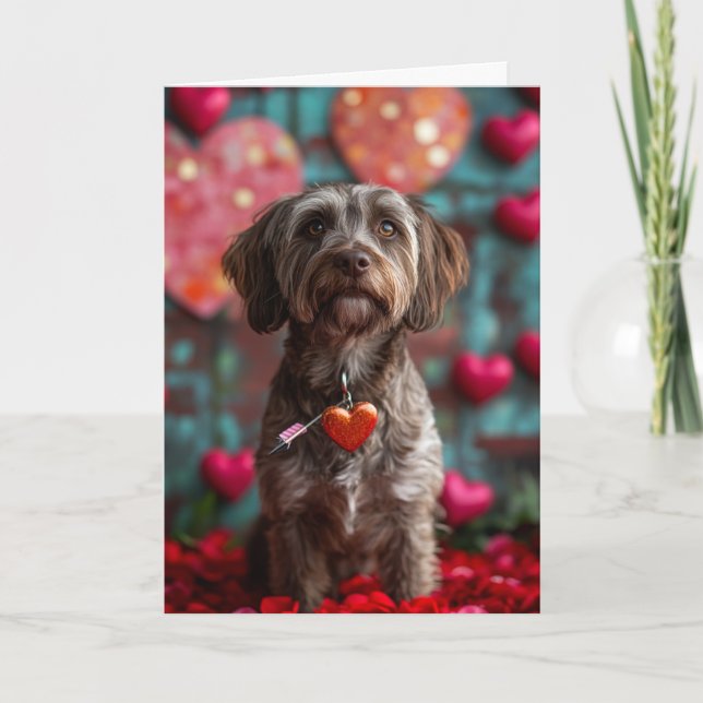 Carte Griffon d'arrêt à poil dur Cœurs Saint-Valentin (Devant)