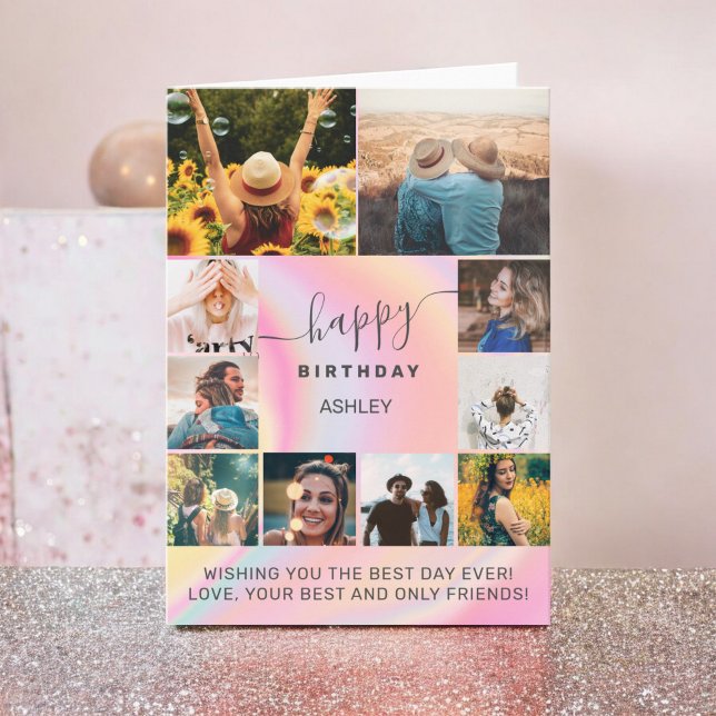 Carte Grille de collage photo moderne en marbre d'annive (Modern birthday girly marble 11 photo collage grid card)