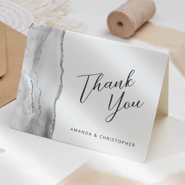 Carte Gris Argent Agate Script Mariage Merci (Créateur téléchargé)