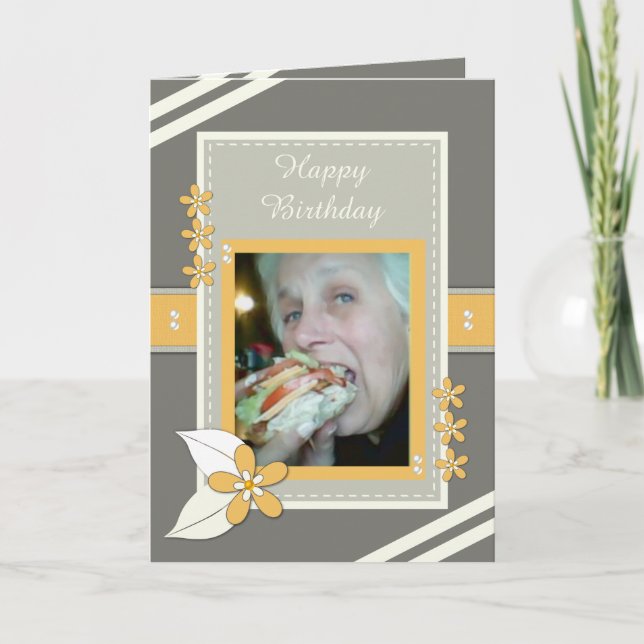 Carte Gris et orange avec fleurs et photo (Devant)