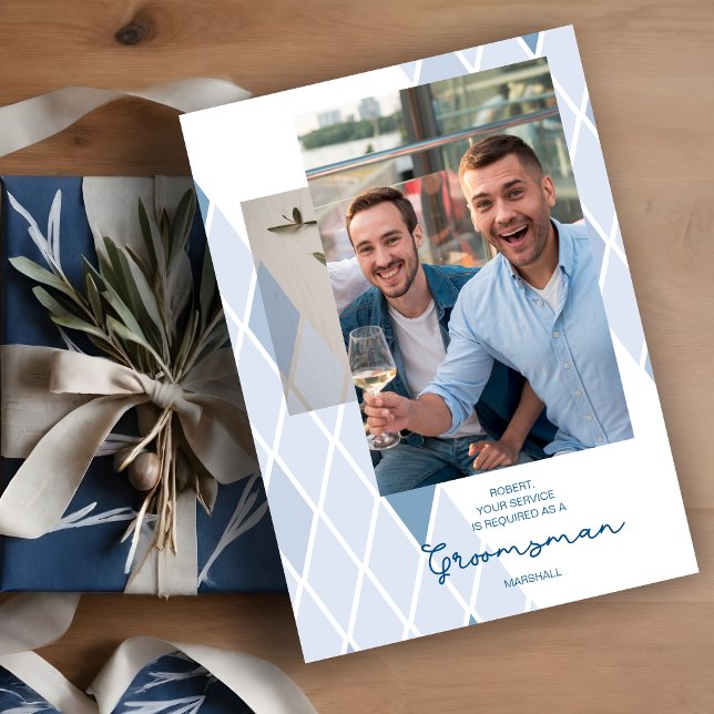 Carte Groomsman Elegant Photo Abstraite Sophistiqué (Photo Groomsman Stylish Abstract Sophisticated Proposal Card in Blue Shades.)