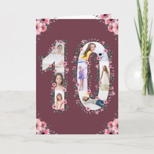 Carte Gros 10e anniversaire fille photo Collage Fleur ro