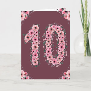 Carte Gros 10e anniversaire Fleurs roses Fleurs vertes F