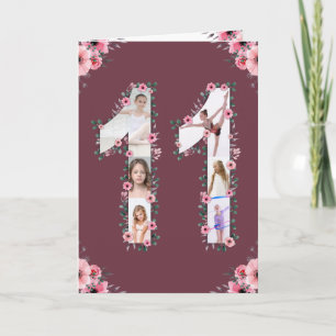 Carte Gros 11e anniversaire fille photo Collage Fleur ro