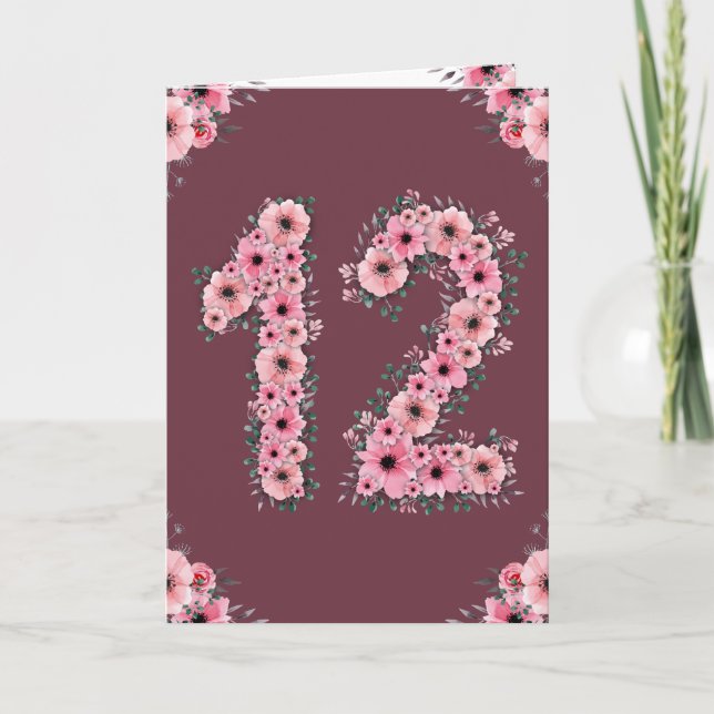 Carte Gros 12e anniversaire Fleurs roses Fleurs vertes F (Devant)