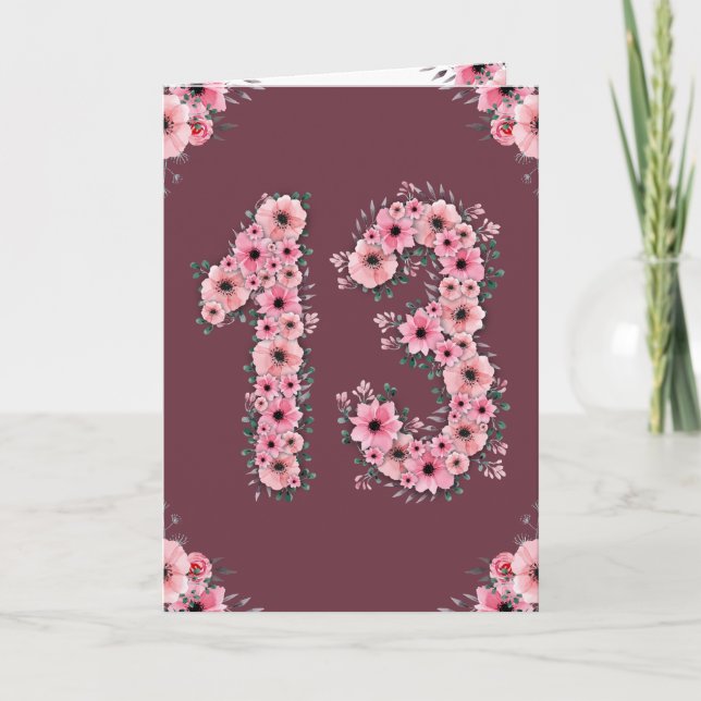 Carte Gros 13e anniversaire Fleurs roses Green Foliage G (Devant)