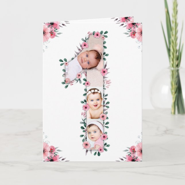 Carte Gros 1er anniversaire fille photo Collage Fleur ro (Devant)