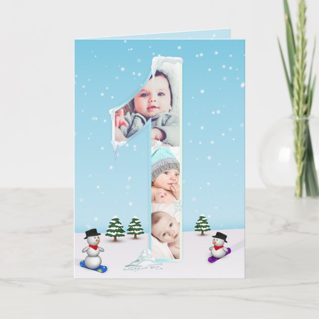 Carte Gros 1er anniversaire hiver glace neige Collage ph (Devant)