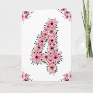 Carte Gros 4e anniversaire Fleurs roses Fleurs vertes Fi