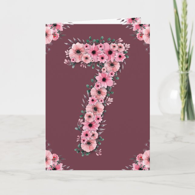 Carte Gros 7e anniversaire Fleurs roses Green Foliage Gi (Devant)