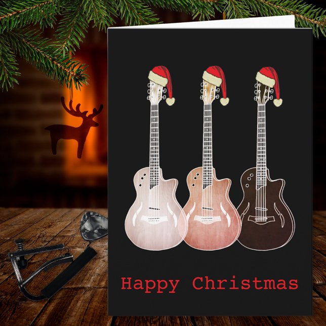 Carte Guitare de Noël Rustic Music (Christmas guitars wearing Santa hats rustic music themed holidays greeting card guitarist musician )