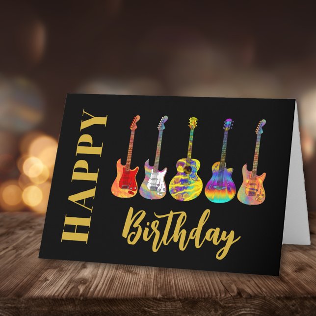 Carte Guitares colorées Joyeux anniversaire (Guitar happy birthday black and gold music themed greeting card)