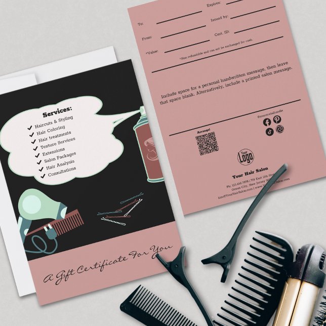 Carte Hairstylist Outils Pink Black Certificat cadeau (Hairstylist Tools Pink Black Gift Certificate, Pink Black)