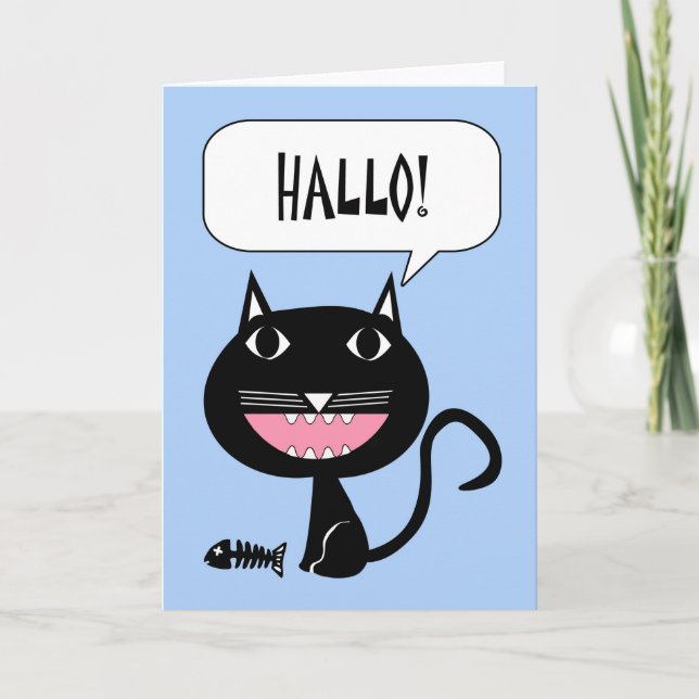 Carte Hallo Bonjour en allemand Chat et les os de poisso (Devant)