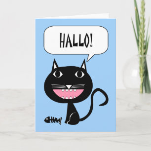 Carte Hallo Bonjour en allemand Chat et les os de poisso