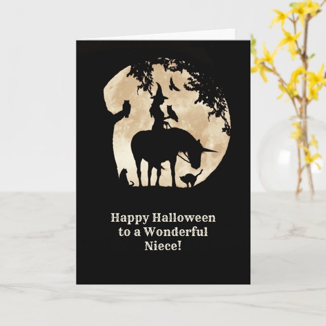 Carte Halloween à la nièce avec sorcière et familier (Fleur jaune)