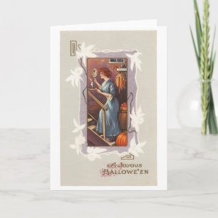 Carte Halloween à l'ancienne, dame avec miroir main