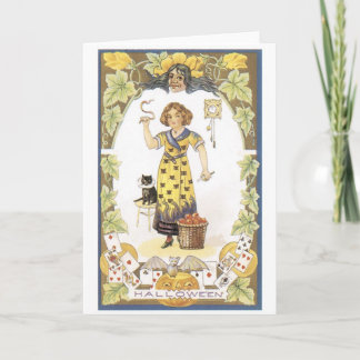 Carte Halloween à l'ancienne, Fille avec chat noir