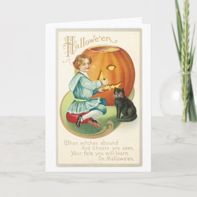 Carte Halloween à l'ancienne, Fille avec chat noir (Devant)