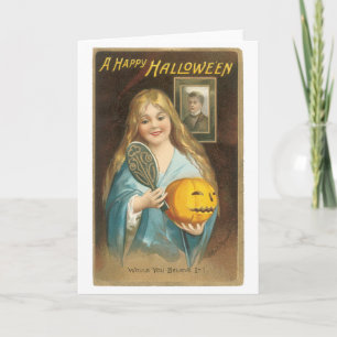 Carte Halloween à l'ancienne, Fille avec miroir main