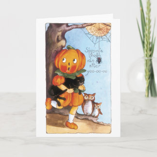 Carte Halloween à l'ancienne, fille Citrouille, chat noi