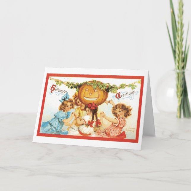 Carte Halloween à l'ancienne, les filles avec Citrouille (Devant)