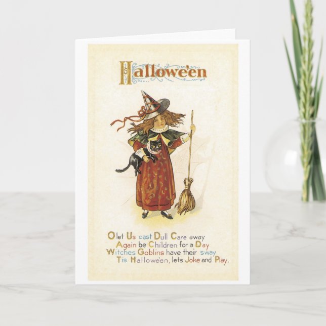 Carte Halloween à l'ancienne, sorcière fille avec chat n (Devant)