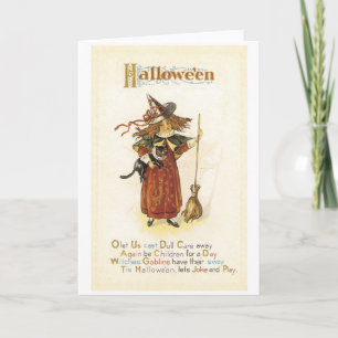 Carte Halloween à l'ancienne, sorcière fille avec chat n