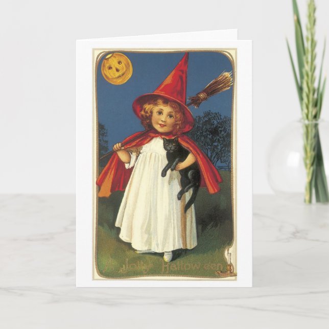 Carte Halloween à l'ancienne, sorcière fille avec chat n (Devant)
