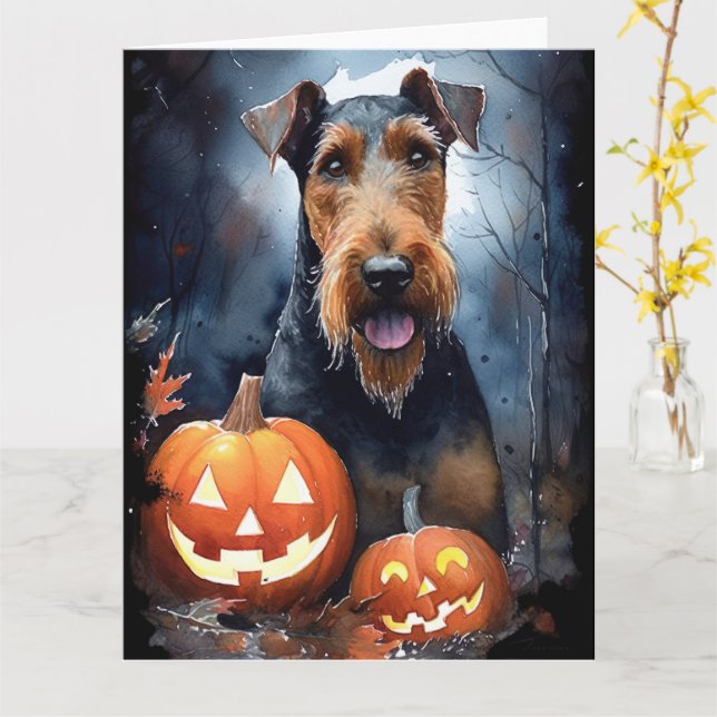 Carte Halloween Airedale Avec Peur Citrouille (Fleur jaune)