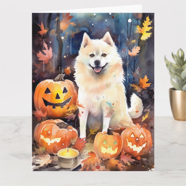 Carte Halloween American Akita avec citrouilles effrayan (Petite plante)
