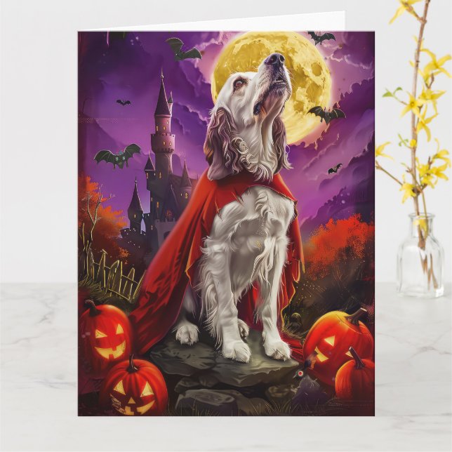 Carte Halloween Anglais Setter Vampire Citrouille effroi (Fleur jaune)
